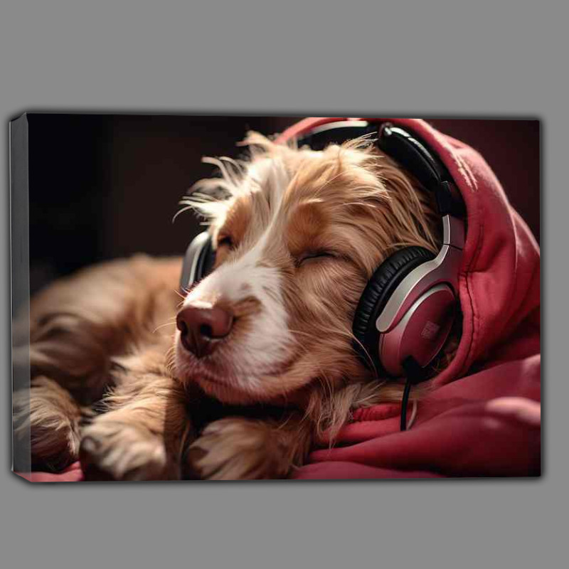 Buy Canvas : (Dog is wearing headphones and sleeping in her hoodie)