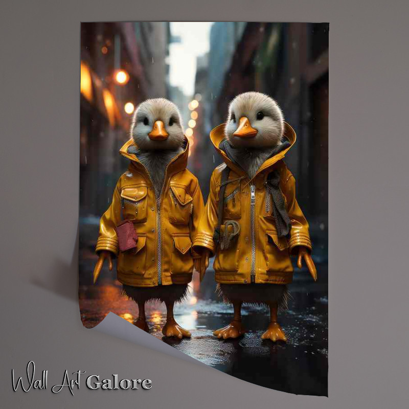 Buy Unframed Poster : (Ducks walking wearing yellow raincoats)