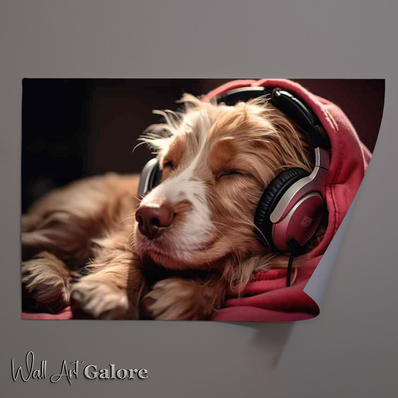 Buy Unframed Poster : (Dog is wearing headphones and sleeping in her hoodie)