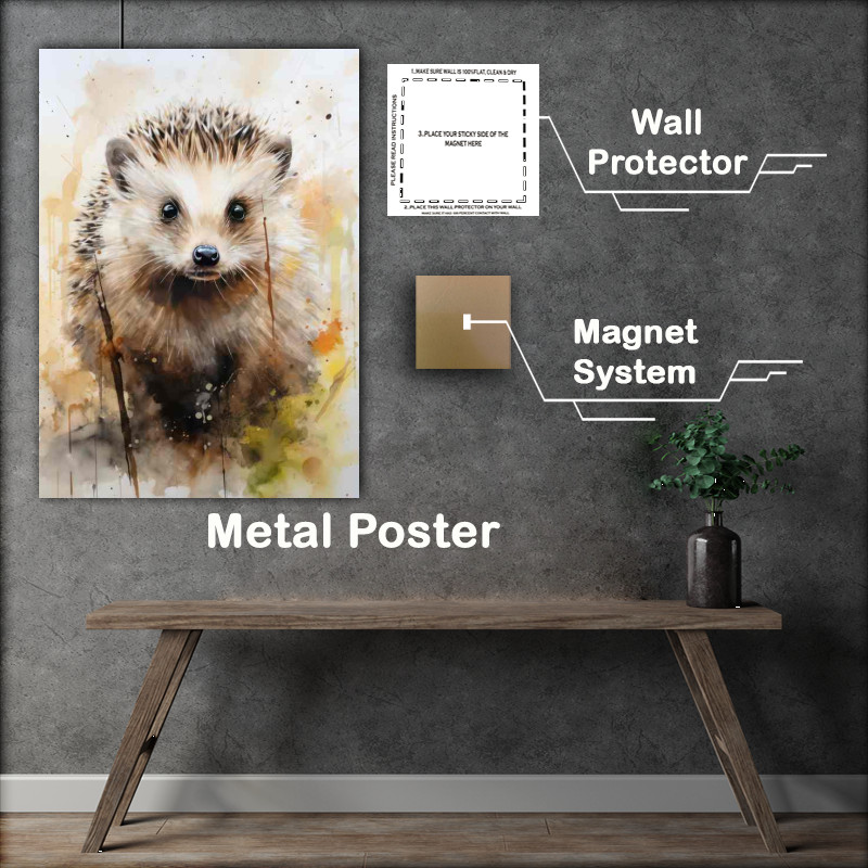 Buy Metal Poster : (Hedgehog watercolours surrounded by bushes)
