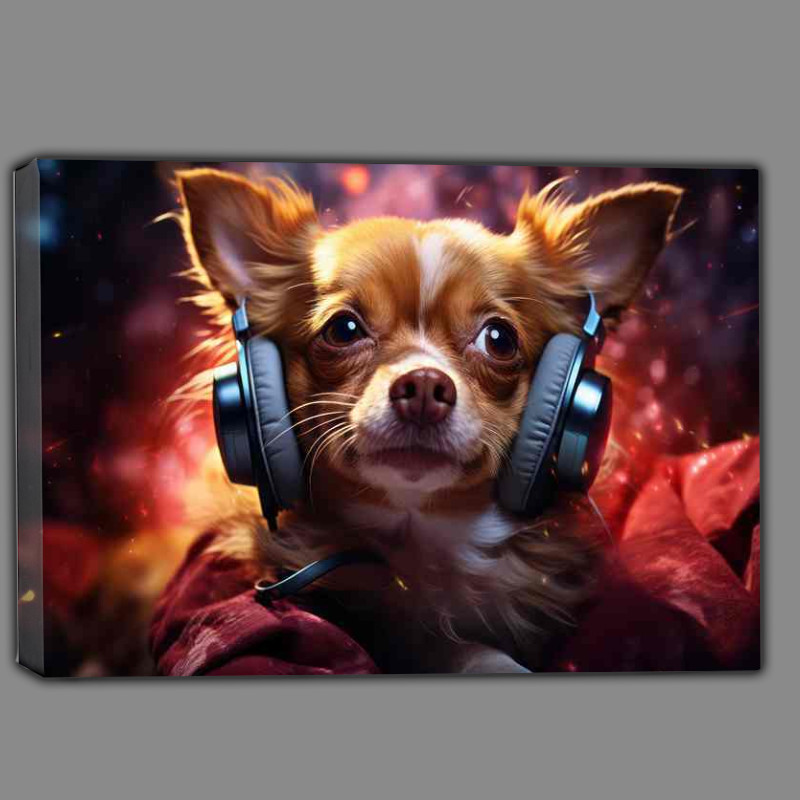 Buy Canvas : (Red chihuahua dog listening to music on headphones)
