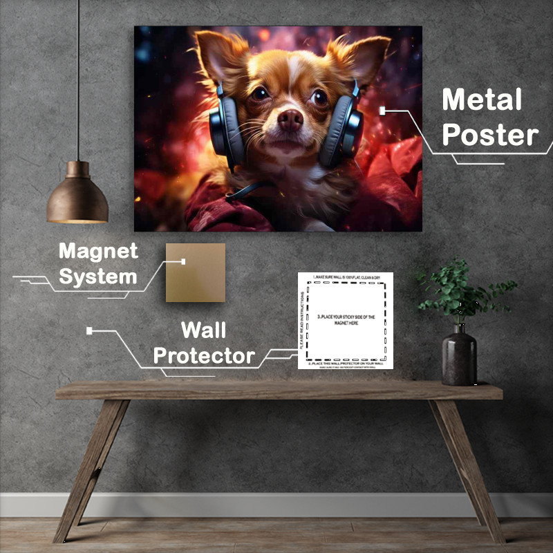 Buy Metal Poster : (Red chihuahua dog listening to music on headphones)