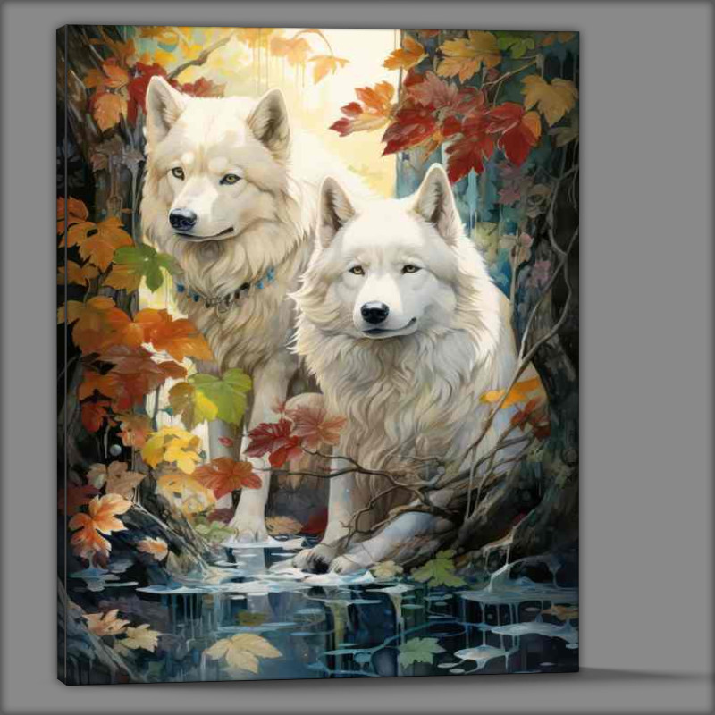 Buy Canvas : (White Dogs by the stream in the woods)
