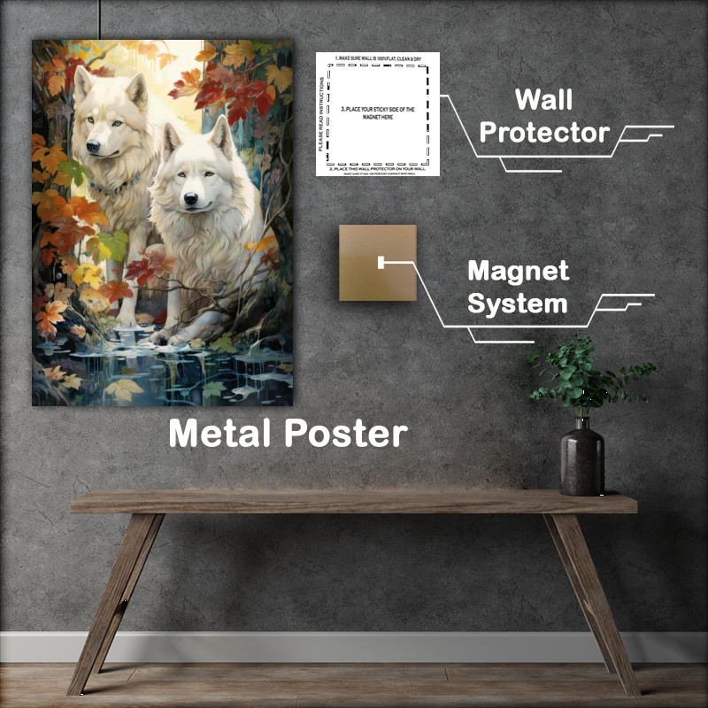 Buy Metal Poster : (White Dogs by the stream in the woods)