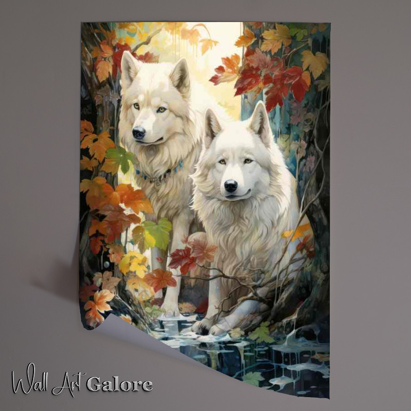Buy Unframed Poster : (White Dogs by the stream in the woods)