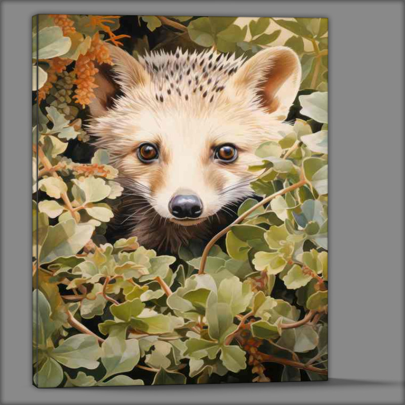 Buy Canvas : (hedgehog nessled in the bushes looking out)