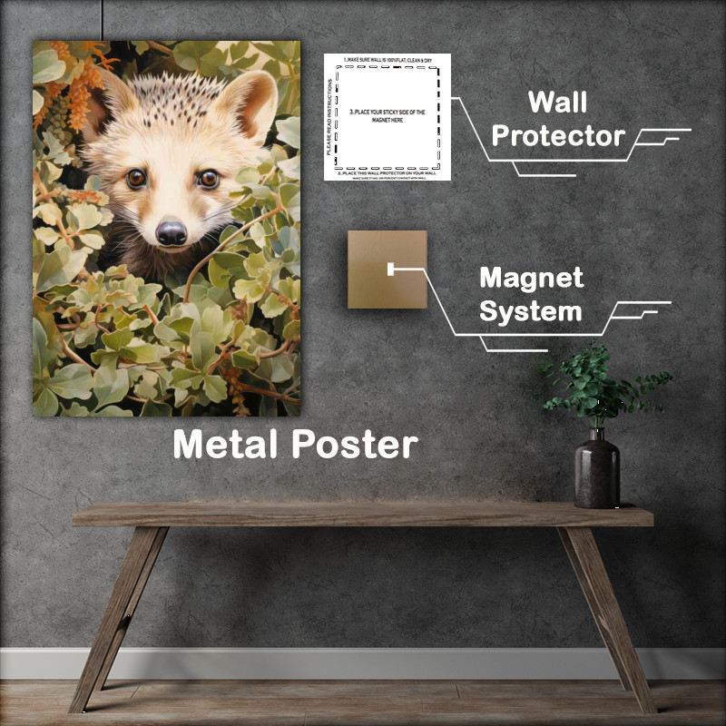 Buy Metal Poster : (hedgehog nessled in the bushes looking out)