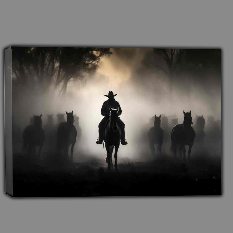 Buy Canvas : (Cowboy leading his horses black and white)