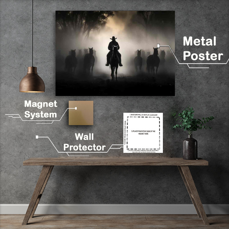 Buy Metal Poster : (Cowboy leading his horses black and white)