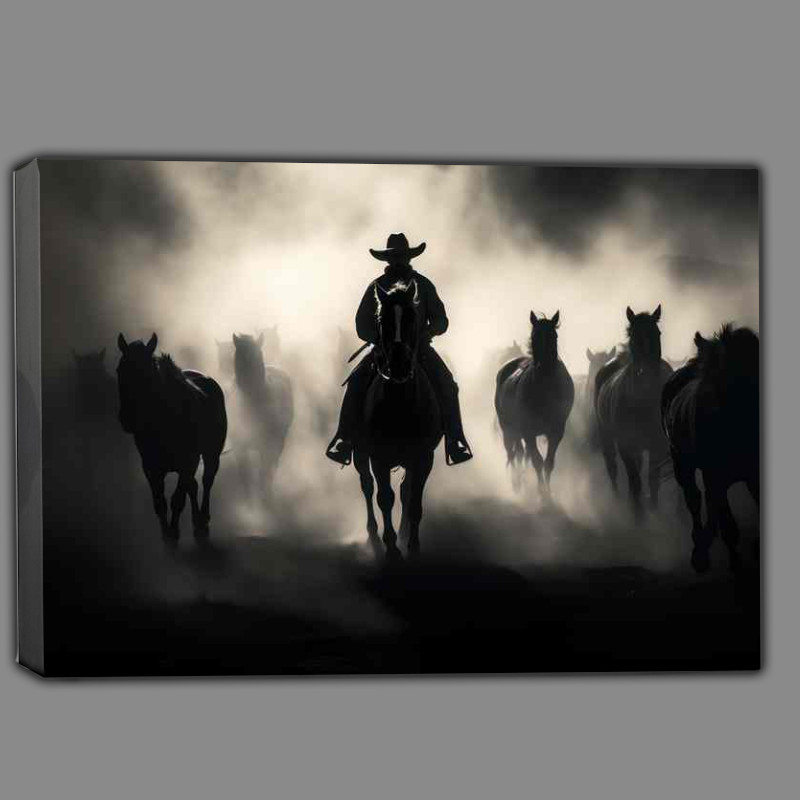 Buy Canvas : (Cowboys hurding horses on the ranch)