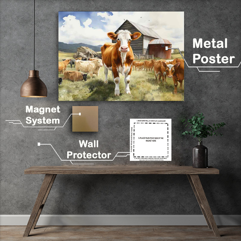 Buy Metal Poster : (Cows Grazing on the Farm)