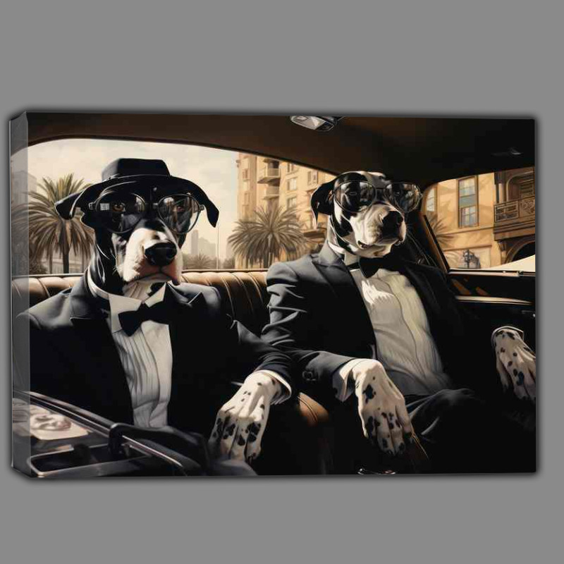 Buy Canvas : (Dogs Sitting in the car all dressed up in suits)