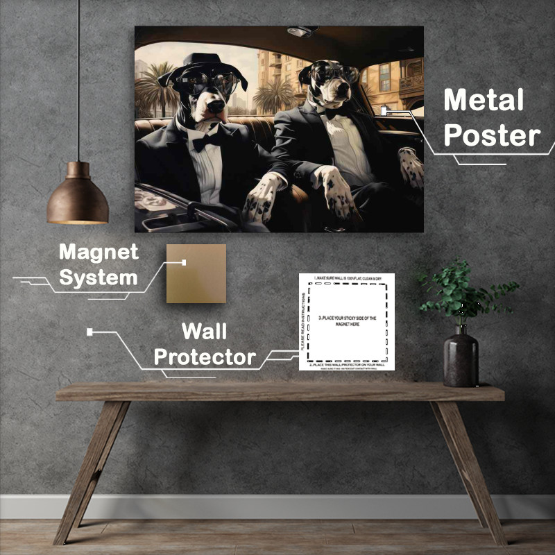 Buy Metal Poster : (Dogs Sitting in the car all dressed up in suits)