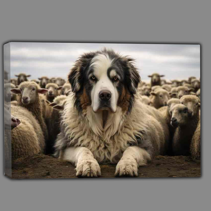 Buy Canvas : (Large Dog Protecting His Hurd Of Sheep from wolfs)
