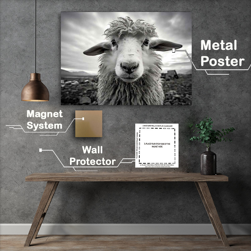 Buy Metal Poster : (Sheep on the farm in black and white)