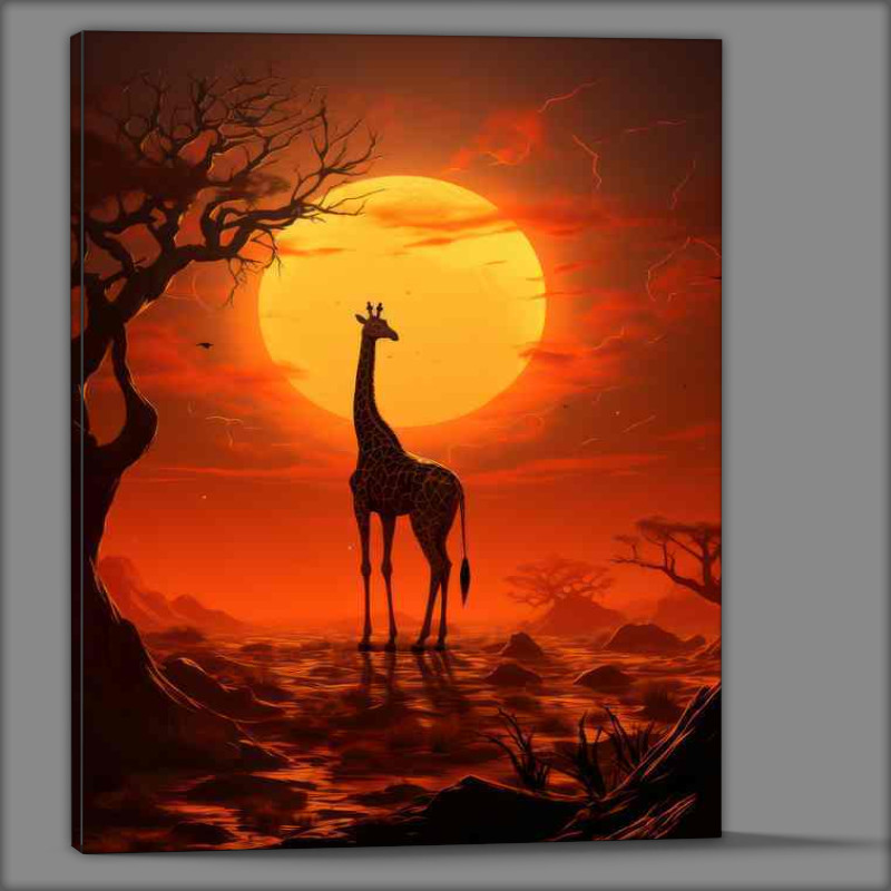 Buy Canvas : (A Giraffe in silhouette with the orange sun setting)