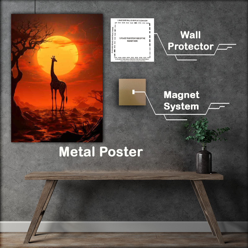 Buy Metal Poster : (A Giraffe in silhouette with the orange sun setting)