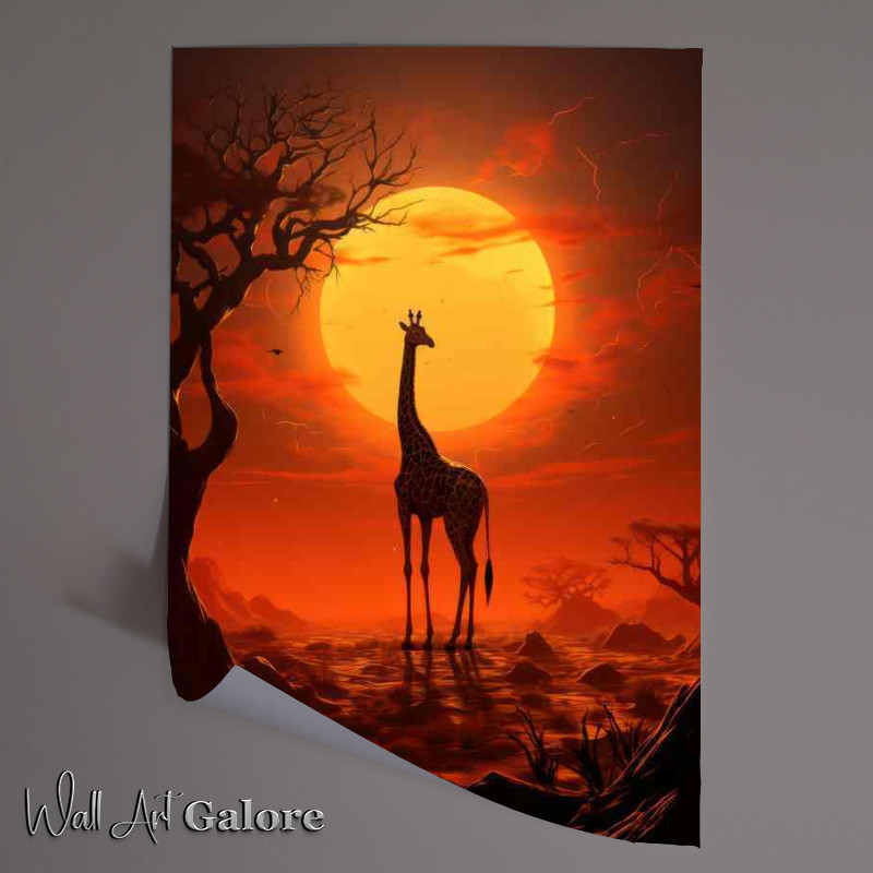 Buy Unframed Poster : (A Giraffe in silhouette with the orange sun setting)