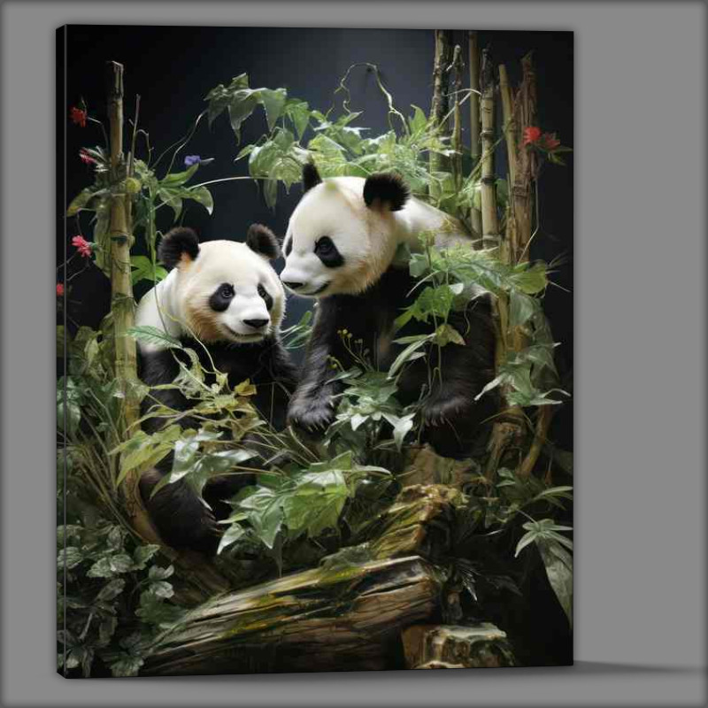 Buy Canvas : (A Pair Of Pandas In the bamboo trees near the waterfalls)