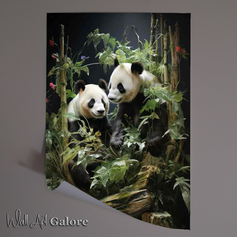 Buy Unframed Poster : (A Pair Of Pandas In the bamboo trees near the waterfalls)