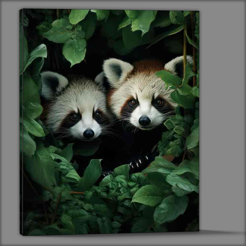 Buy Canvas : (A Pair of red pandas peering through the leaves)