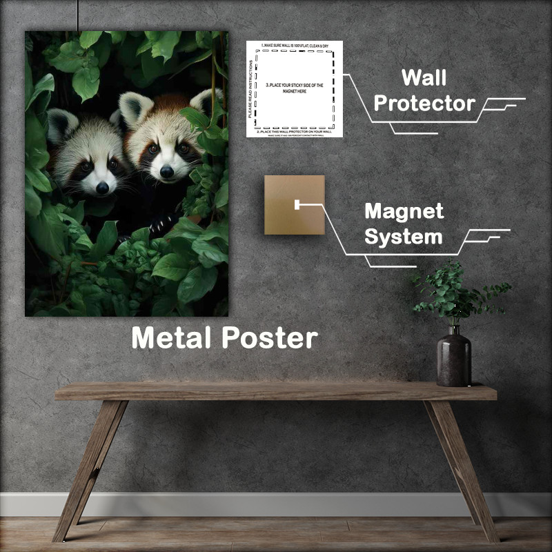 Buy Metal Poster : (A Pair of red pandas peering through the leaves)