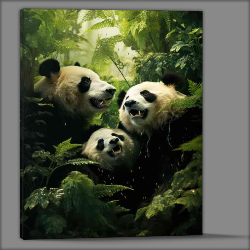 Buy Canvas : (A little family of panda bears in the green forest)