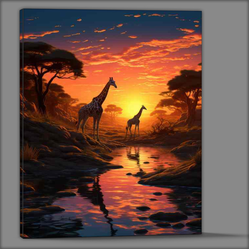 Buy Canvas : (African survanna giraffes walking in the sunset by the river)