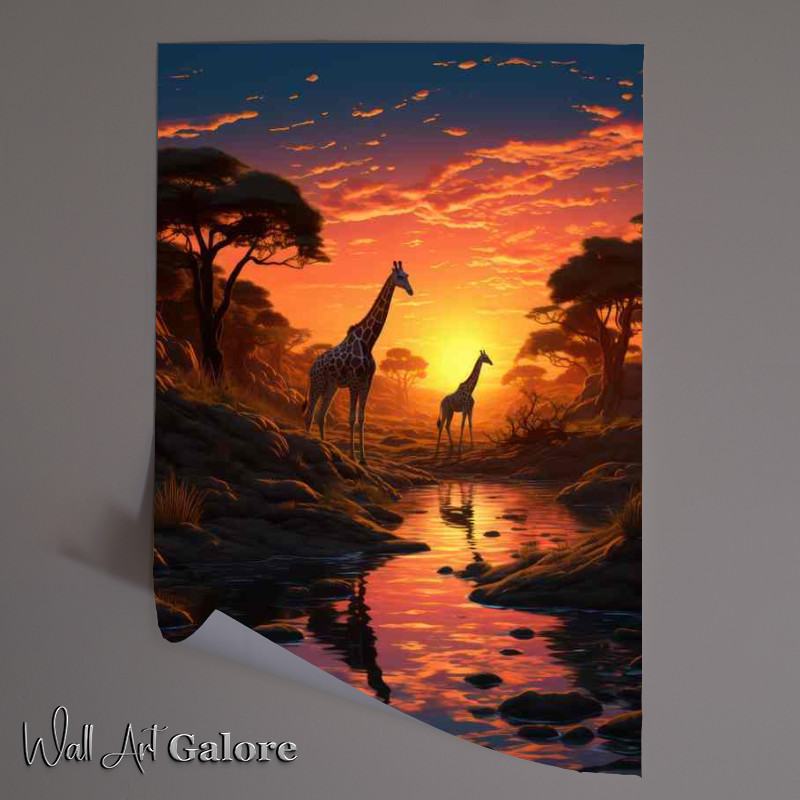 Buy Unframed Poster : (African survanna giraffes walking in the sunset by the river)