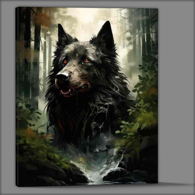 Buy Canvas : (Black mandog in a forest with a valley)