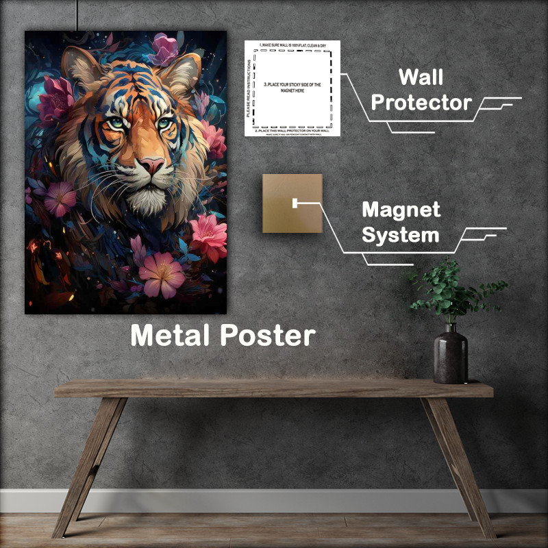 Buy Metal Poster : (Colourful Tiger nestled with pink flowers)