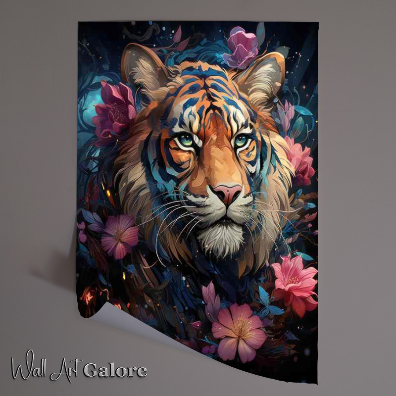 Buy Unframed Poster : (Colourful Tiger nestled with pink flowers)