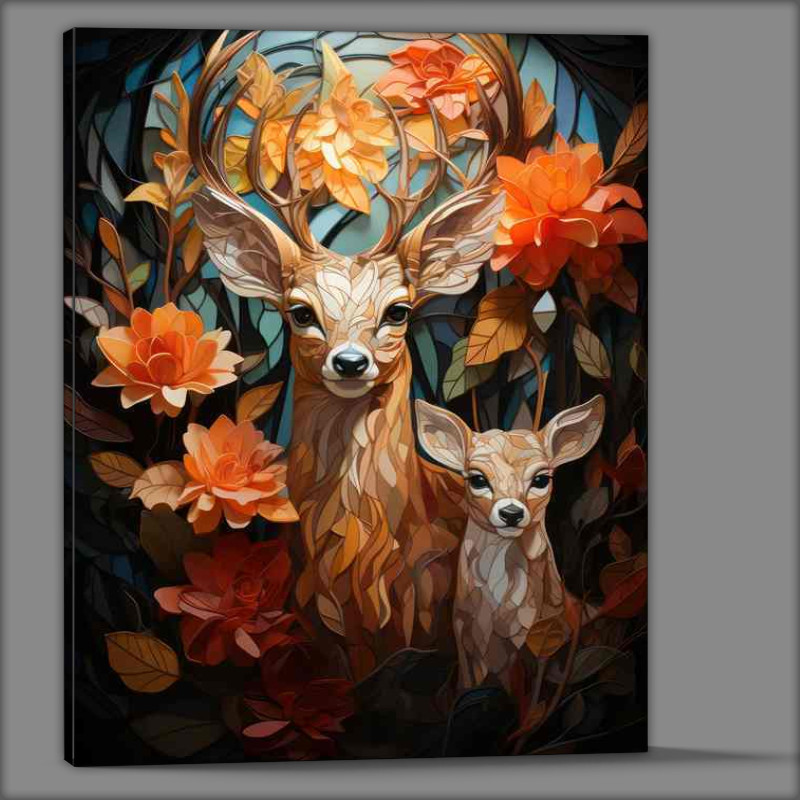 Buy Canvas : (Deer and a cub with flowers and abstract style)