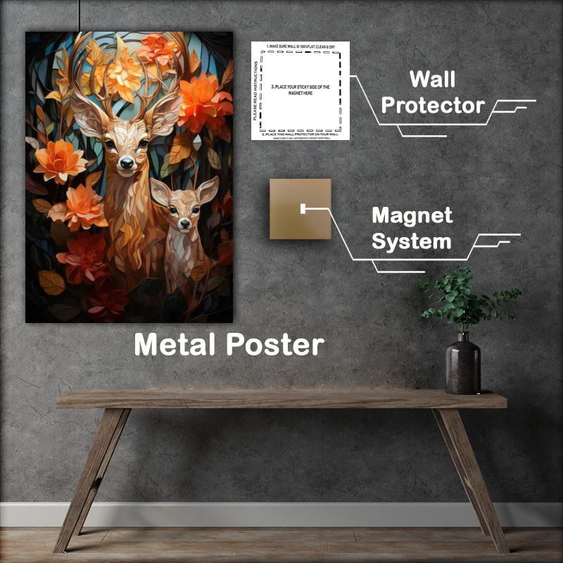Buy Metal Poster : (Deer and a cub with flowers and abstract style)