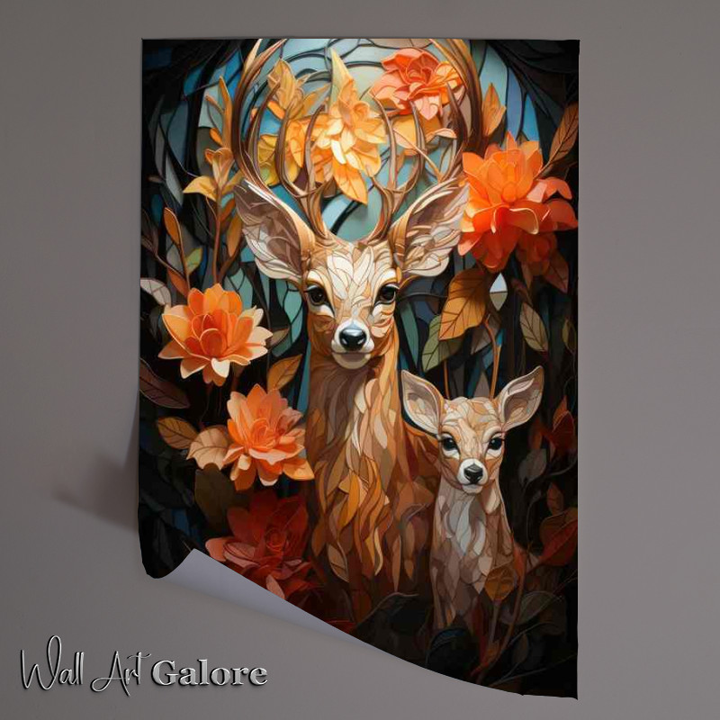 Buy Unframed Poster : (Deer and a cub with flowers and abstract style)