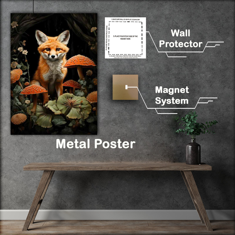 Buy Metal Poster : (Fox sitting in around the mushroom bed)