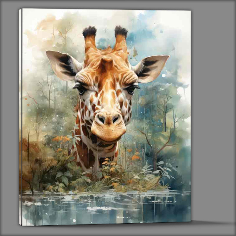 Buy Canvas : (Giraffe art face pearing above the water line)