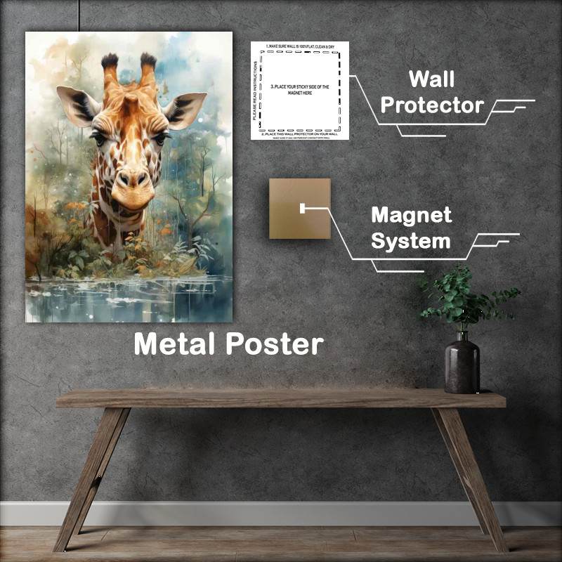 Buy Metal Poster : (Giraffe art face pearing above the water line)