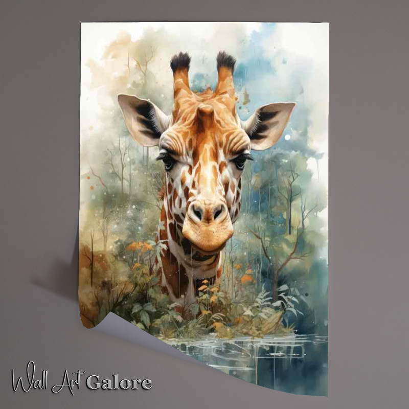 Buy Unframed Poster : (Giraffe art face pearing above the water line)