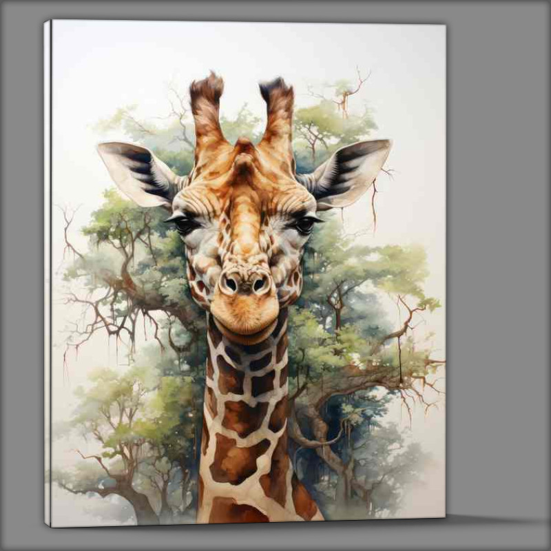 Buy Canvas : (Giraffe facing the horizon with trees in the background)
