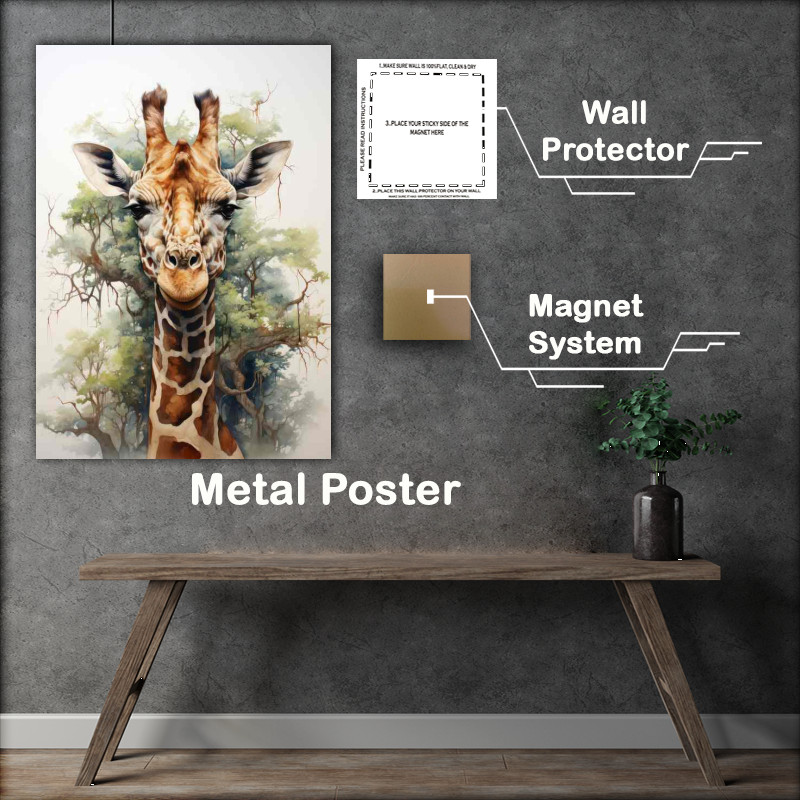 Buy Metal Poster : (Giraffe facing the horizon with trees in the background)