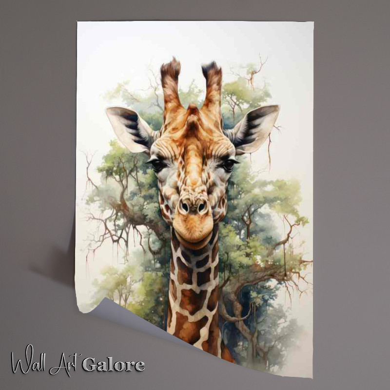 Buy Unframed Poster : (Giraffe facing the horizon with trees in the background)