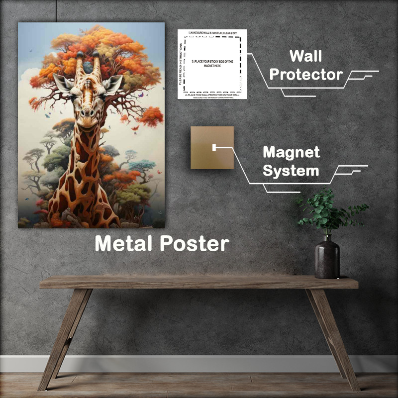 Buy Metal Poster : (Giraffe in the front aof a giant orange tree)