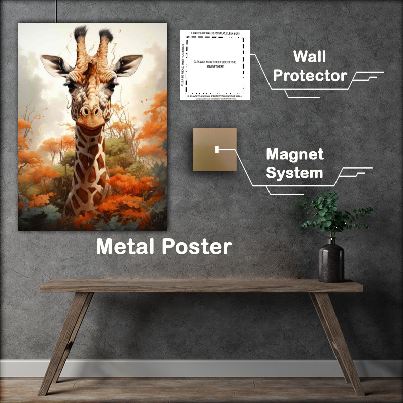 Buy Metal Poster : (Giraffe in the tree tps couloured in orange and green)