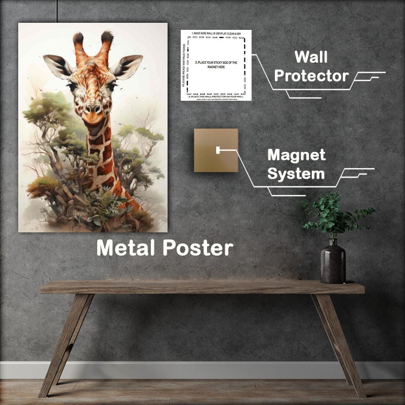 Buy Metal Poster : (Giraffe in the trees facing the horizon art style)