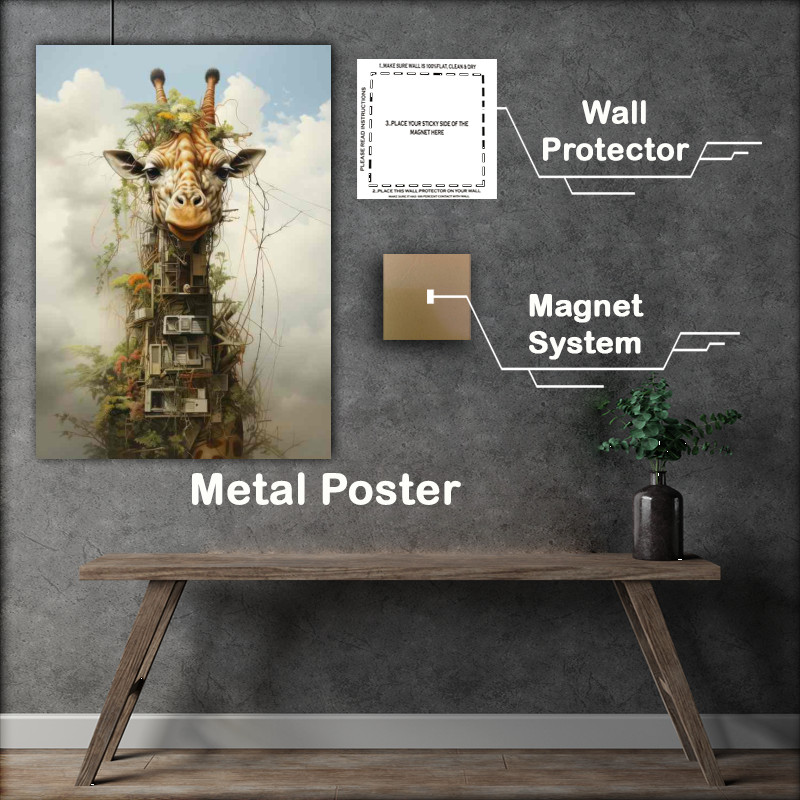 Buy Metal Poster : (Giraffe surreal art in the mountain clouds)