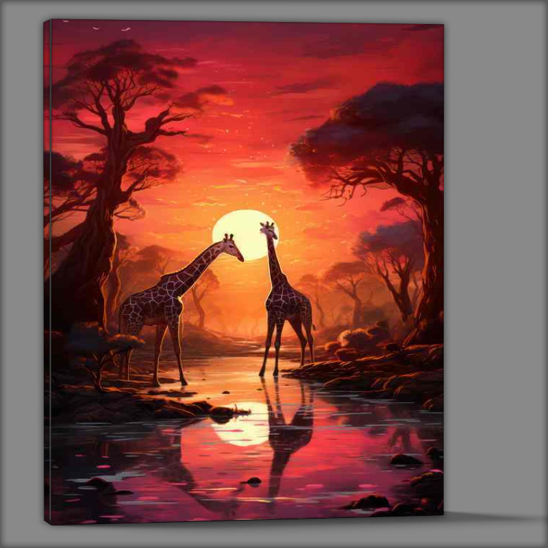 Buy Canvas : (Griaffe on the african savanna during the sunsetting)