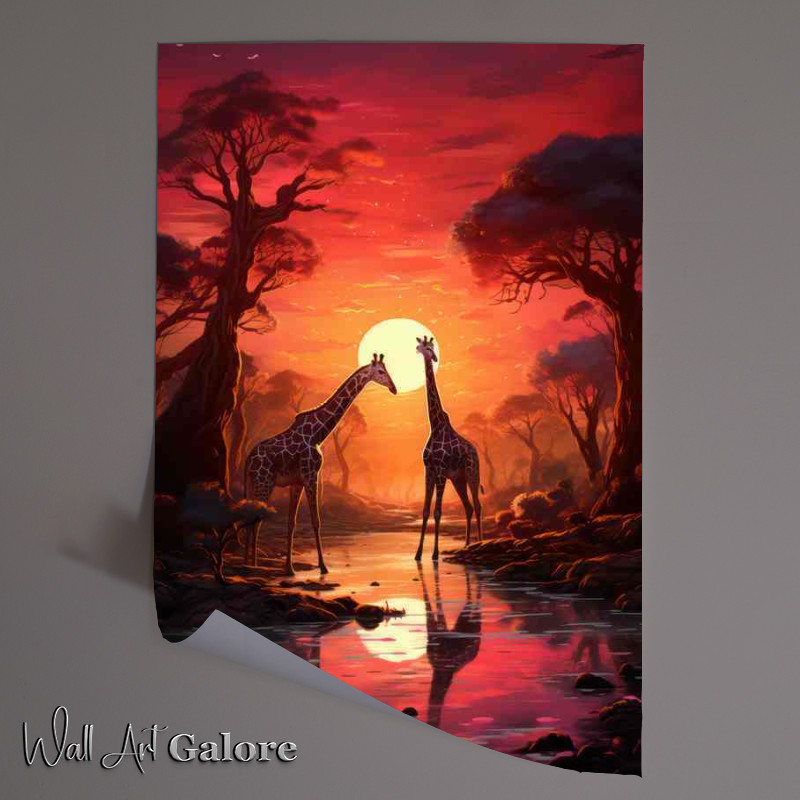 Buy Unframed Poster : (Griaffe on the african savanna during the sunsetting)