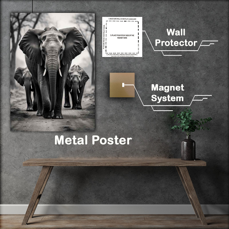 Buy Metal Poster : (Group of Elephants walking down the path)