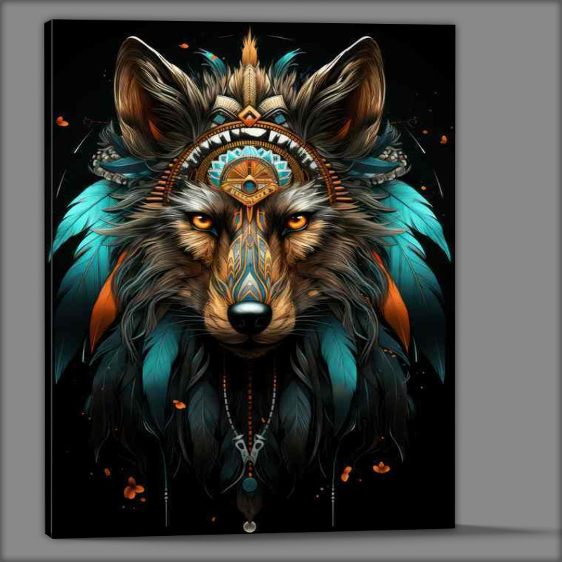 Buy Canvas : (Indian wolf with feathers and a black background)